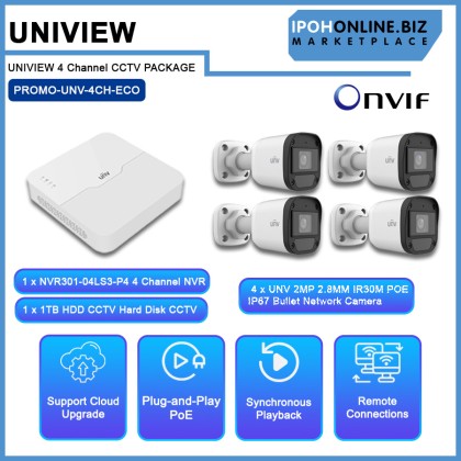 UNIVIEW (UNV) IP ECO series 2MP 4 Channel NVR301-04LS3-P4 Onvif NVR + 4 x UNV 2MP 2.8MM IR30M POE IP67 Bullet Network Camera + 1 x 1TB HDD CCTV Hard Disk CCTV Package UNIVIEW (UNV) IP ECO series 2MP 4 Channel NVR301-04LS3-P4 Onvif NVR + 4 x UNV 2MP 2.8MM IR30M POE IP67 Bullet Network Camera + 1 x 1TB HDD CCTV Hard Disk CCTV Package